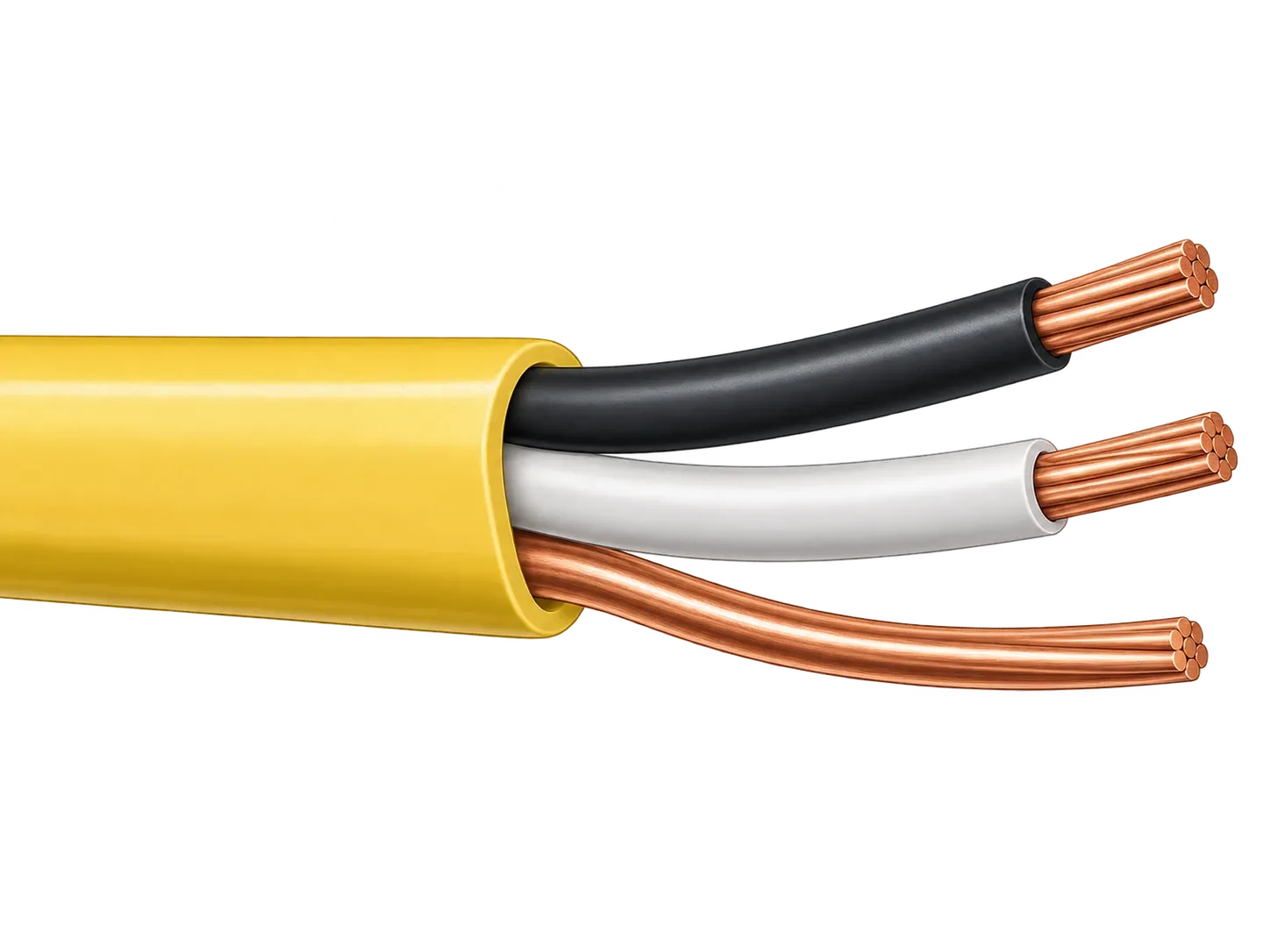 Drawing of non-metallic sheathed cable with the jacket stripped back, showing the black and white conductors and the bare copper ground.