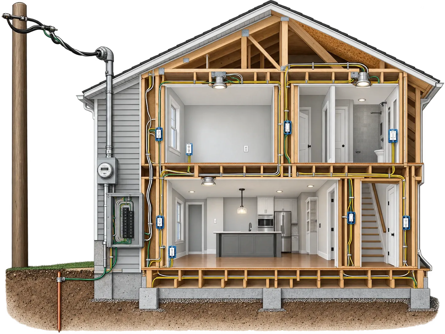 Cutaway drawing of a house: the service drop from the pole, the meter and panel, and the branch circuits running to lights, switches and outlets.