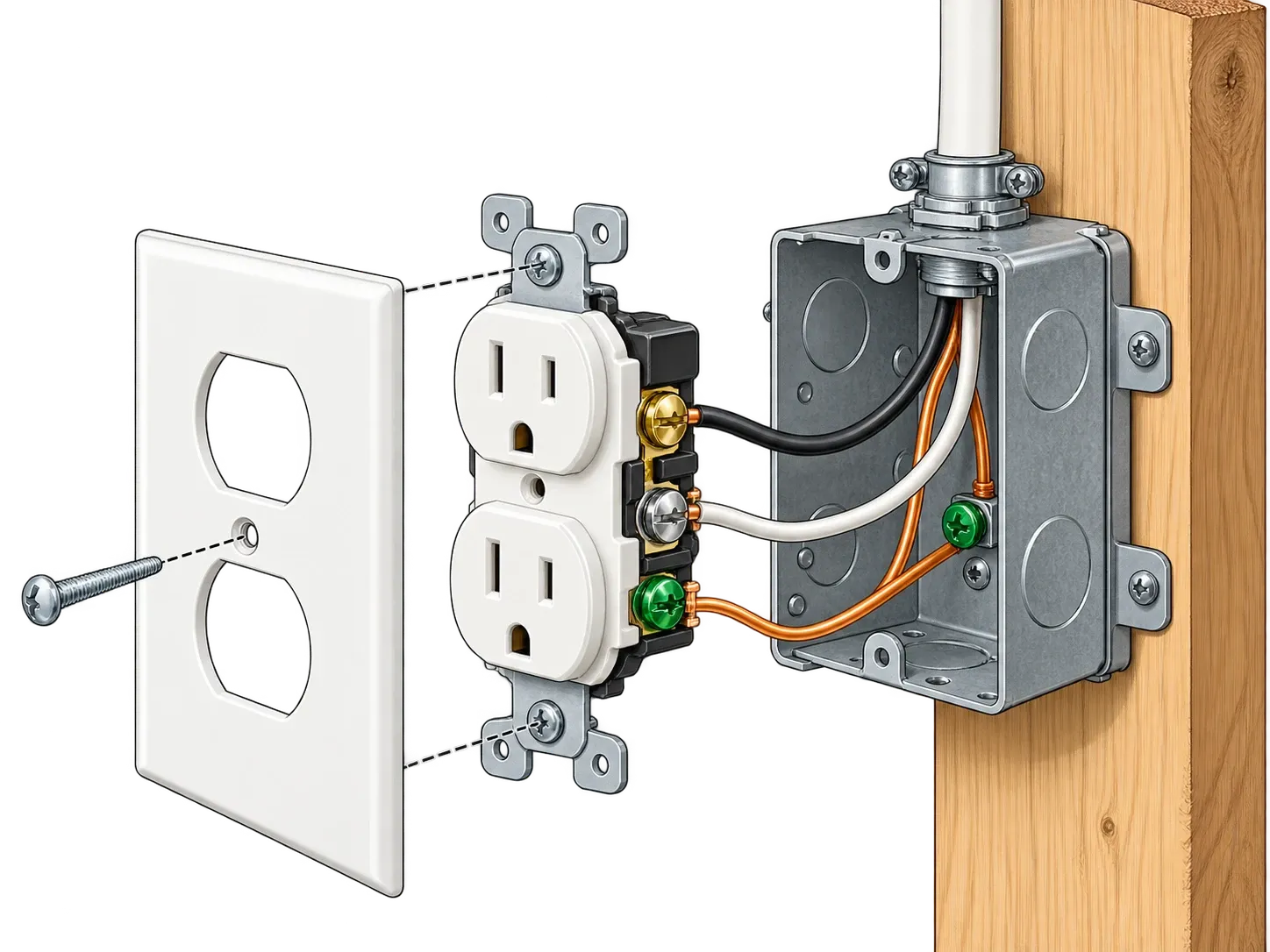 Exploded drawing of a duplex receptacle: cover plate, the device with its conductors landed on the terminal screws, and the box mounted to a stud.