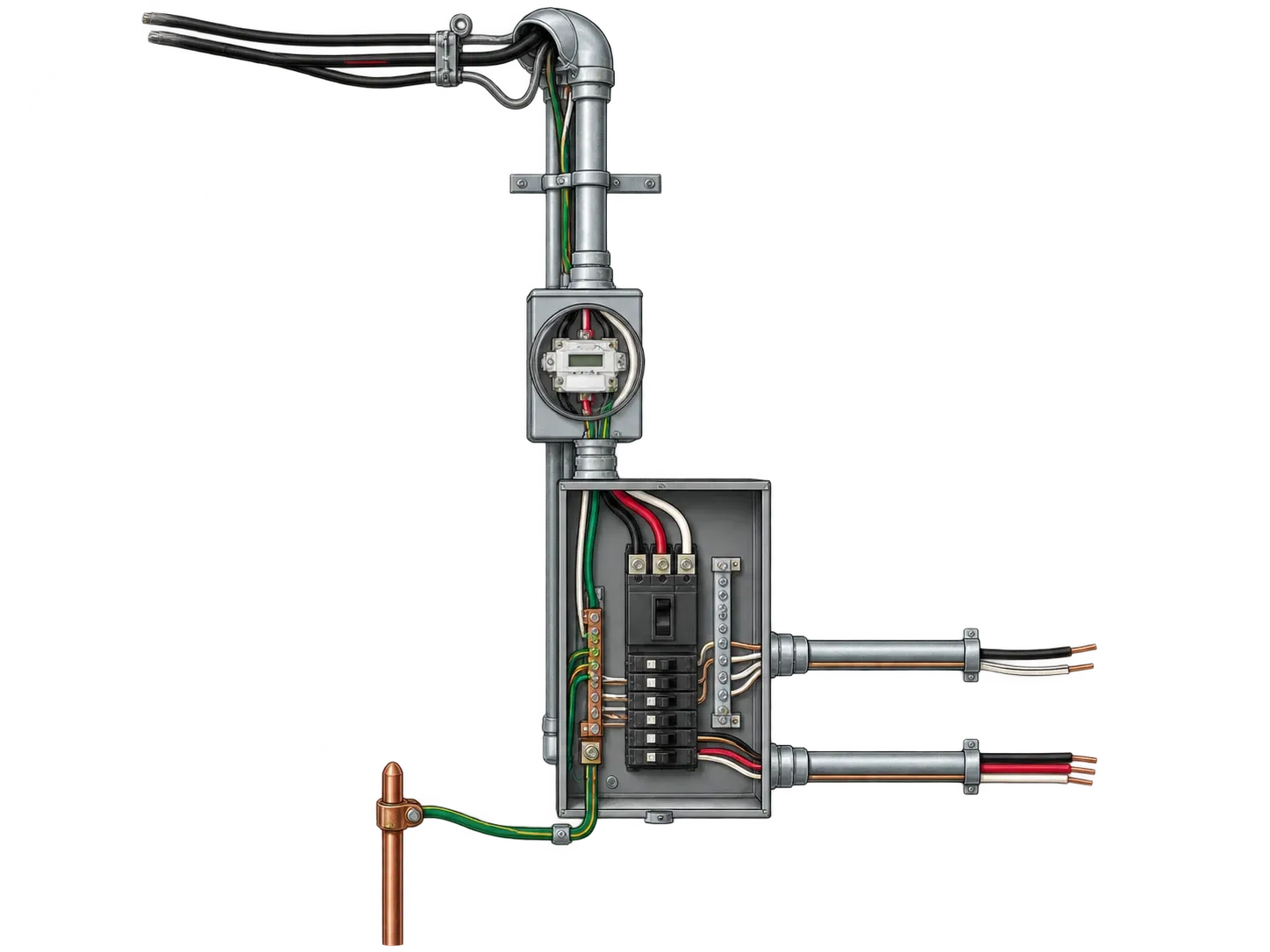 Drawing of a service entrance: the service conductors entering the weatherhead, the meter socket, the open panel with its main and branch breakers, the grounding electrode conductor to the ground rod, and the branch circuit runs leaving the panel.